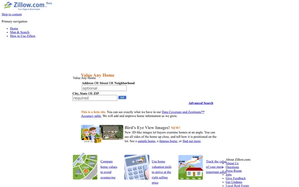 zillow.com homepage in 2006
