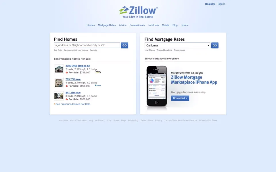 zillow.com homepage in 2011