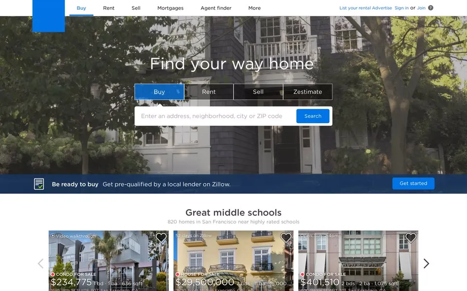 zillow.com homepage in 2018