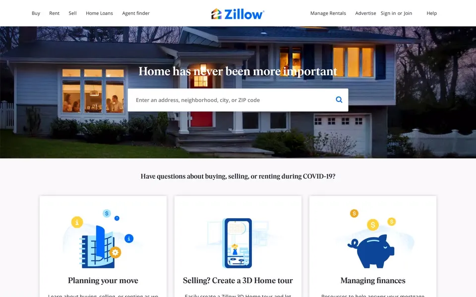 zillow.com homepage in 2020