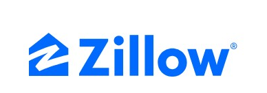 Zillow logo on the 2019 zillow.com homepage: flat all-blue Z mark and a rounder wordmark (April 2019 rebrand)